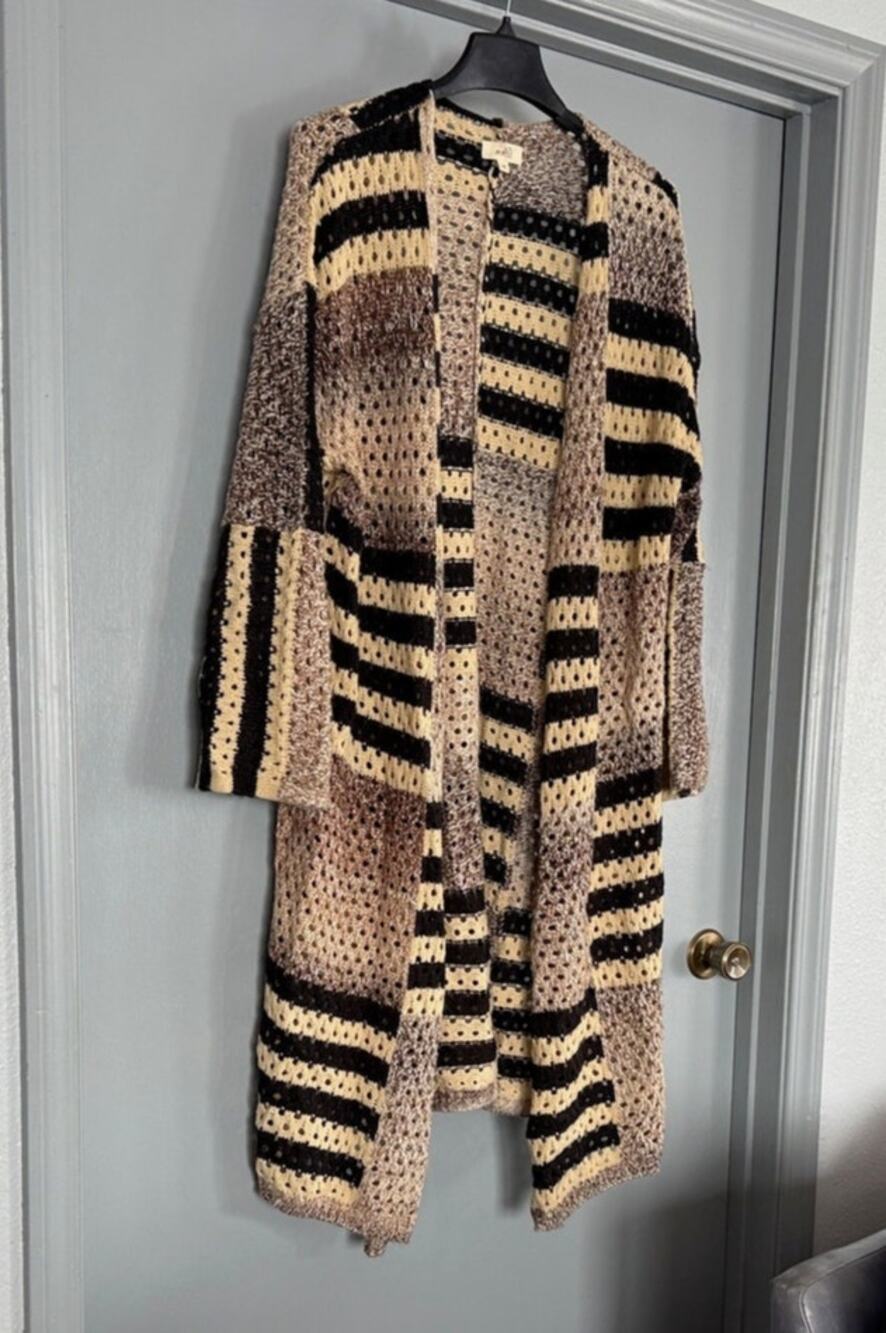 Elan Open Duster/Cardigan Women's Patchwork Long Sweater sz M  Loose Knit Boho